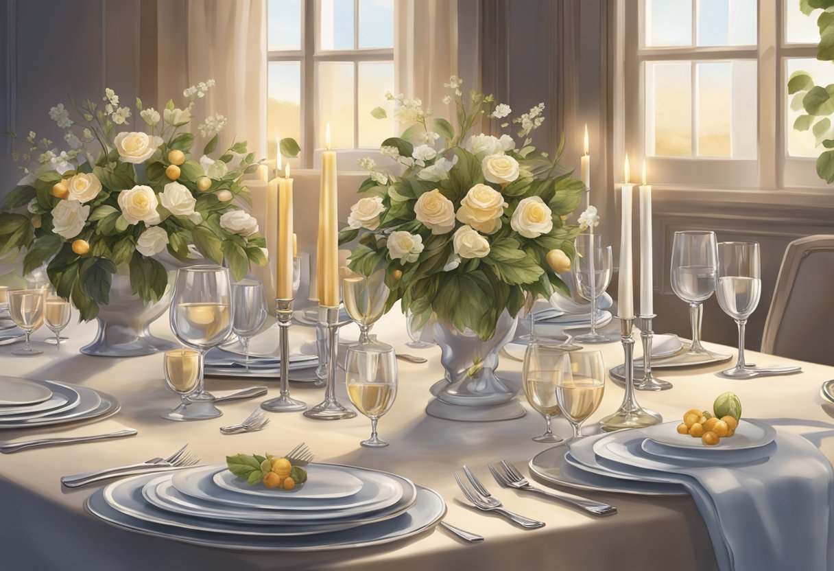 A beautifully set dinner table with elegant place settings, floral centerpieces, and ambient candlelight. Wine glasses and silverware are meticulously arranged, creating a warm and inviting atmosphere for a gathering of friends