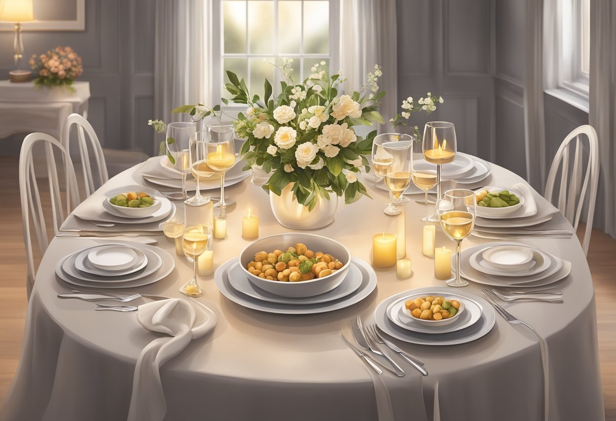 A beautifully set dinner table with elegant place settings, fresh flowers as centerpieces, and soft candlelight creating a warm and inviting atmosphere for a gathering of friends