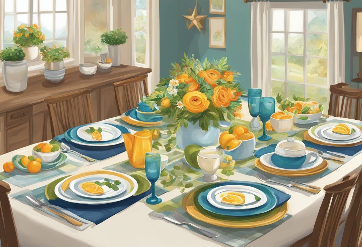A beautifully set dinner table with themed decorations for a friendly gathering. Colorful placemats, elegant centerpieces, and themed dinnerware create a festive atmosphere